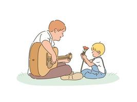 Dad and son are sitting in the park. The father plays the guitar and the son holds flowers. hand drawn style vector design illustrations.