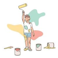 A girl smears paint on her clothes and is smiling with a paint roller in her hands. hand drawn style vector design illustrations.