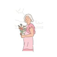 An elderly woman is standing in a beautiful dress and holding flowers. hand drawn style vector design illustrations.