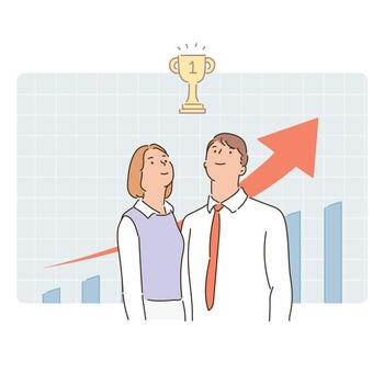 Business partner standing in front of rising graph and looking at trophy. hand drawn style vector design illustrations.