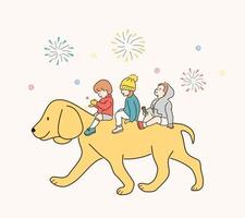 Cute children are riding a big dog. hand drawn style vector design illustrations.