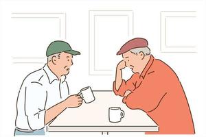 Two friends are sitting facing each other at a table, drinking coffee and talking. hand drawn style vector design illustrations.