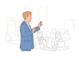 A man in a suit is giving a lecture in front of several people. hand drawn style vector design illustrations.