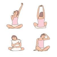 A woman is sitting, yawning and stretching. hand drawn style vector design illustrations.