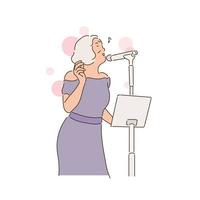 An elderly woman is singing in a fancy dress. hand drawn style vector design illustrations.