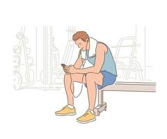 un hombre en un gimnasio está escuchando música mientras descansa durante un entrenamiento. ilustraciones de diseño de vectores de estilo dibujado a mano.