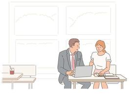 un hombre de negocios y una mujer tienen una reunión mientras están sentados en una mesa y miran una computadora portátil. ilustraciones de diseño de vectores de estilo dibujado a mano.
