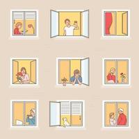 Neighbors seen through the window. hand drawn style vector design illustrations.