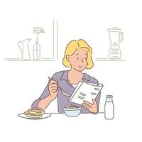 A woman is reading a book while having breakfast. hand drawn style vector design illustrations.