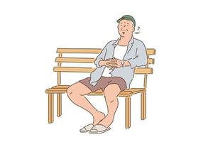 An old man is sitting comfortably on a park bench and resting. hand drawn style vector design illustrations.