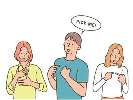 People are introducing themselves by pointing their fingers. hand drawn style vector design illustrations.