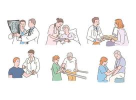 personal médico y personajes de pacientes. ilustraciones de diseño de vectores de estilo dibujado a mano.
