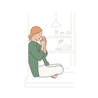 A woman is sitting on the floor and drinking tea. hand drawn style vector design illustrations.