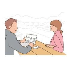 A man and a woman are sitting at a table and having a meeting. hand drawn style vector design illustrations.