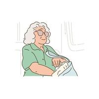 An elderly woman is wearing sunglasses and going on a trip. hand drawn style vector design illustrations.