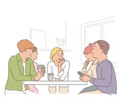 People are sitting around a table in a cafe and talking. hand drawn style vector design illustrations.