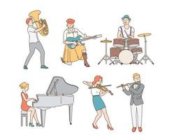 Each musician plays a variety of instruments. hand drawn style vector design illustrations.