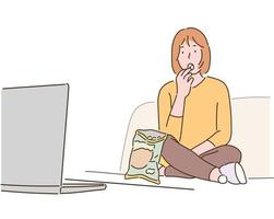 una mujer está viendo una película en su computadora portátil mientras come un bocadillo. ilustraciones de diseño de vectores de estilo dibujado a mano.