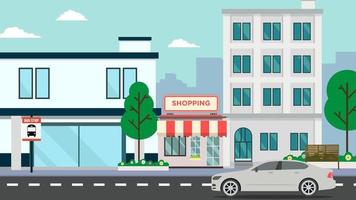 Flat Building Shopping Street  with car.Vector illustration.Cityscape and public park.Shop facade on road with car.Modern store buildings .Business street and bus stop. vector