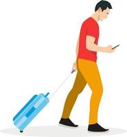 Flat boy walking vector illustration.Full body man drag bag and holding smartphone.Happy man go to travel