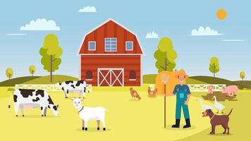 Nature farm with animal in summer.Farm with cows ,hen, goose, duck, pig, dog, goat, barn , farmer and hays.Landscape with farm vector illustration.Rural farm scene flat design.Animal farming concept