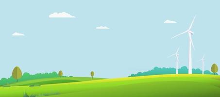 Nature landscape with turbine wind in summer.Vector illustration.Green field with sky background.Eco nature scene vector