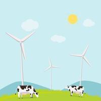 Nature landscape with cows and turbine wind vector illustration.Animal with meadow and mountains in summer.Rural scene ecology concept