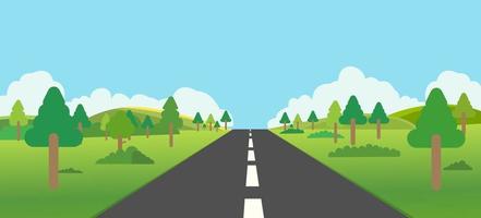 Road to nature backgroud vector illustration.Street with field ,forest,  hills , clouds and trees.Beautiful nature landscape.Road trip to forest