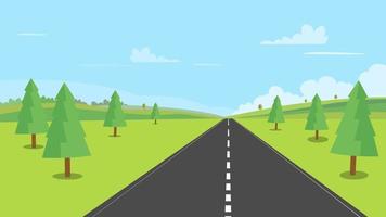 Street with nature landscape backgroud vector illustration.Countryside with field ,forest,  hills , clouds and trees.Beautiful nature landscape.Road with forest.Nature scene cartoon