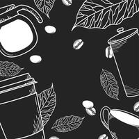 coffee pot mug cup leaves and beans background vector design