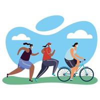 young people wearing medical masks running in bicycles vector