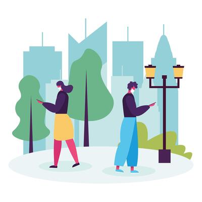 young couple walking and using smartphones avatars characters
