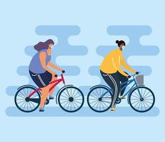 young couple wearing medical masks in bicycles vector