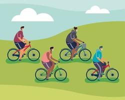 young men wearing medical mask in bicycles vector