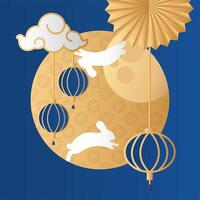 mid autumn festival moon with rabbits and lanterns hanging vector