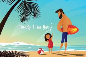 niña disfrutando en la playa con su padre vector