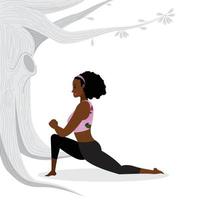 mujer joven practicando posturas de yoga, jovencita negra practicando posturas de yoga vector