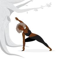 Mujer de pie en la pose de yoga del pulmón creciente girado con los brazos extendidos, practicando asanas de yoga vector