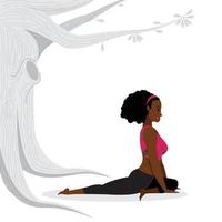 Joven dama negra practicando asanas de yoga sentado, joven en traje de gimnasia rosa practicando asanas de yoga giro giro vector