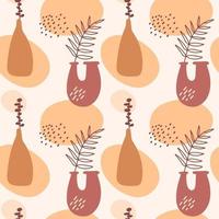 Seamless pattern with abstract hand drawn terracotta vases  in pastel colors and branch on beige backgroud. Abstract geometrical design for  textile, wrapping, backdrop. vector