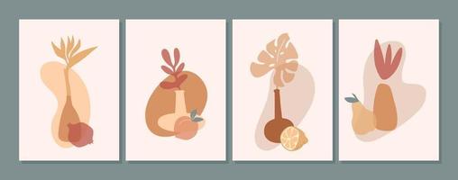 Set of abstract still life in pastel colors. Hand drawn vases , leaves. Collection of contemporary art. Abstract geometrical elements, shapes for print, social media, posters, postcards, flyer. vector