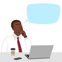 Portrait of male businessman who sits at the table in front of the computer and about something thought. Afroamerican vector