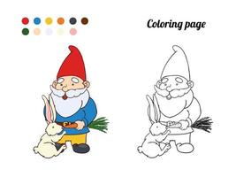 Illustration of cute garden gnome feed the rabbit. Coloring page or book for baby vector