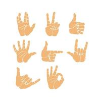 gestos con las manos y conjunto de iconos de lenguaje de señas. Ilustración colorida aislada de manos humanas vectoriales. manos coloridas vector colección-precisión dibujo de gestos con las manos - versión de contorno en mi galería