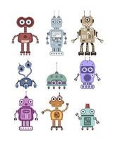 Vector set of retro robots in flat style, vintage cute robots. Toy robots vector