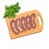 Vector colorful illustration of raw sausage for frying Grilled lie on cutting board with a bunch of parsley isolated on a white background