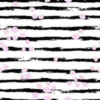Vector seamless colorful pattern with illustration of blooming flowers on black and white striped background. Us itd for wallpaper, pattern fill, page, surface texture, textile print, wrapping paper