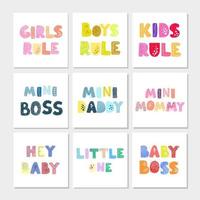 Vector set of illustrations with hand drawn lettering - Kids Rule. Colorful typography design in Scandinavian style for postcard, banner, t-shirt print, invitation, greeting card, poster