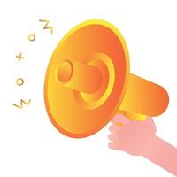 Hand hold megaphone loud speaker. Announcement communication through electronic device icon sign gradient flat style vector illustration isolated on white background. Concept of leadership speach.