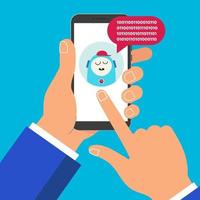 Hand holding black mobile phone chat bot 1 icon on the screen pointer finger touch screen isolated on background vector